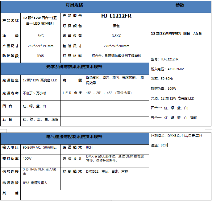 HJ-L1212FR防水帕燈技術(shù)參數(shù)